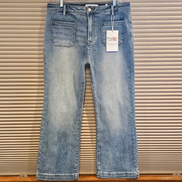 Risen Jeans Denim - Freckled Poppy x Risen Jeans Womens 1XL Medium Wash Wide Leg Patch Pocket Jeans